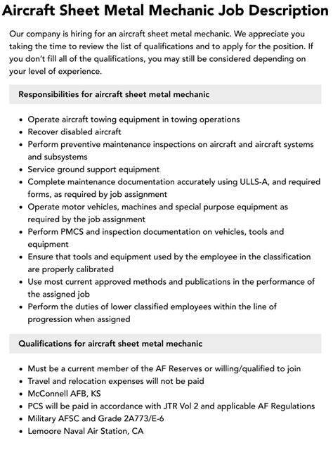 aviation sheet metal mechanic jobs|aircraft sheet metal job description.